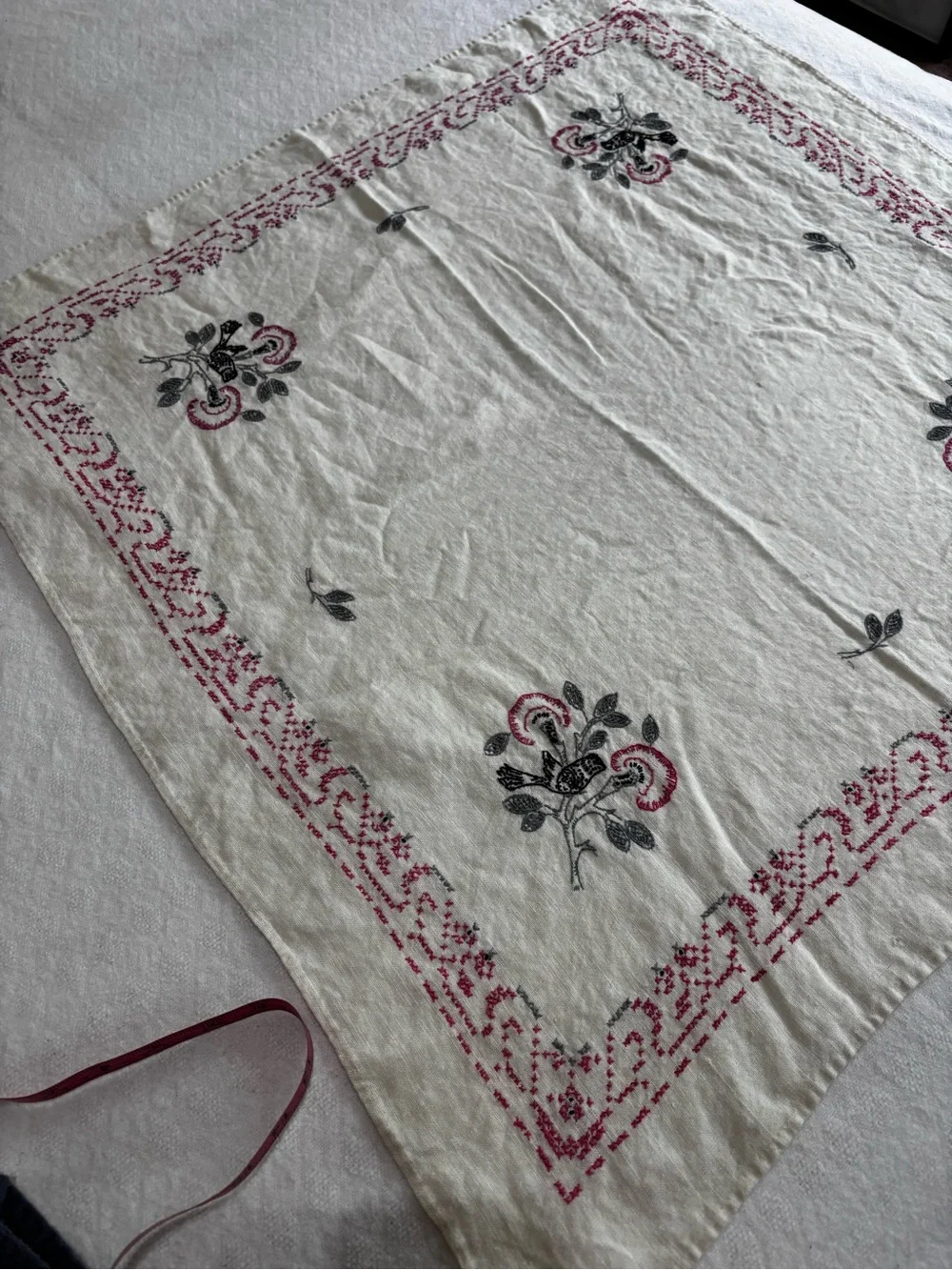 Embroidered Floral Tablecloth or Blanket - White with Pink & Black Accents
